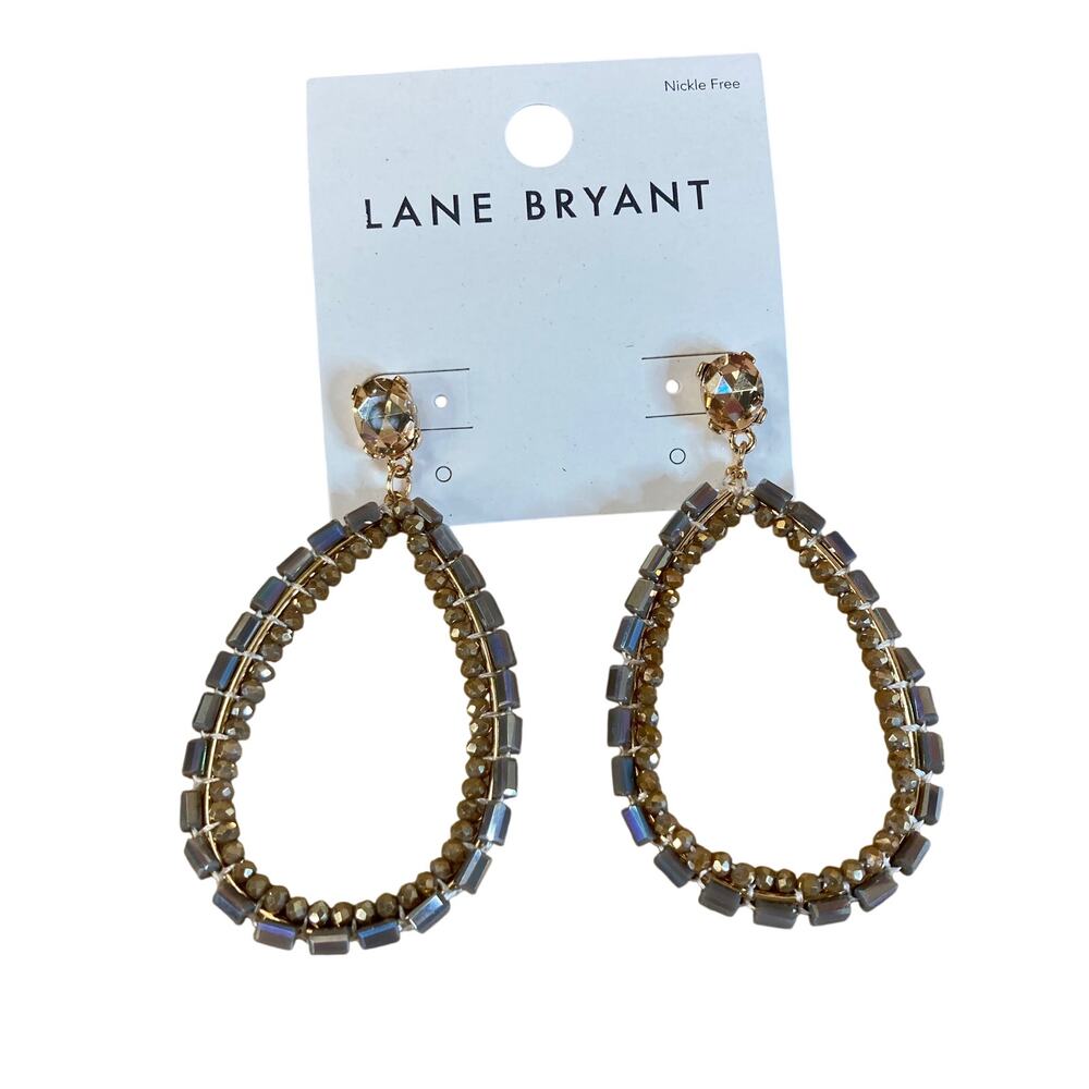 0005 Lane Bryant Gold-Tone Teardrop Hoop Earrings w/Gray Beads & Crystals NWT